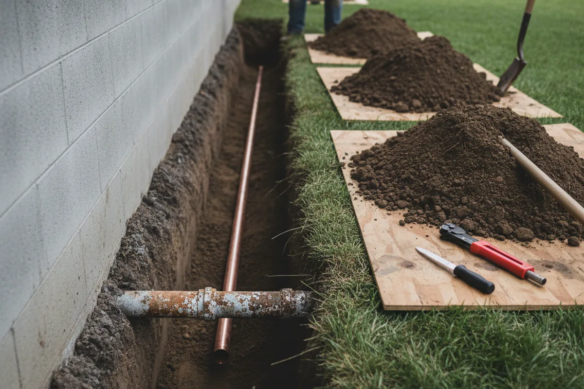 Excavated water line trench during Sewer Line Repair in Millers Creek